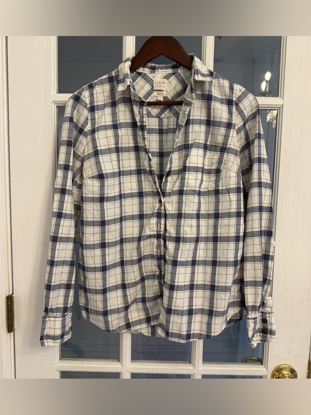 J. CREW Women's Blue & White Plaid Long Sleeve Button Down Perfect Fit Shirt